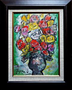 Art hand Auction FUJIKO ■ Rose ■ Livraison gratuite ■ Peinture à l'huile ■ Garanti authentique (avec certificat d'authenticité) ■ Cadre neuf (marron) format F4, Peinture, Peinture à l'huile, Nature morte