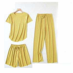 パジャマ レディース 夏 半袖 3点セット ルームウェア 部屋着 上下セット 通気性 ゆったり 半袖+ロングパンツ+ショートパンツ（黄色）