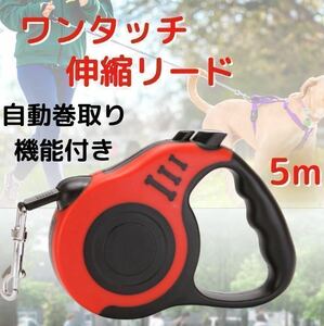 伸縮リード 犬用 赤 レッド 自動巻き取り ロック付き 5ｍ 散歩用 ペット用品