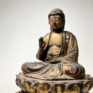 【京全】仏教美術 木彫 玉眼入 阿弥陀如来坐像 高さ：36cm 時代物