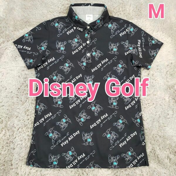 Disney ディズニー ゴルフ ポロシャツ ゴルフシャツ 半袖 ネイビー 総柄 ドライ ストレッチ レディース Mサイズ