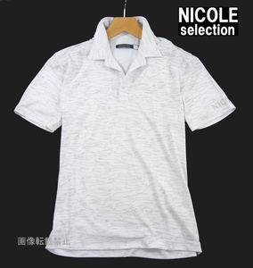 新品 春夏 ニコル　鹿の子 総柄 半袖 ポロシャツ　46/M　白 ホワイト　清涼感 吸水速乾　NICOLE selection ゴルフにも◎