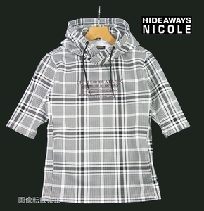 新品 春夏 ニコル　ダンボールニット ５分袖 ストレッチ パーカー　50/XL　グレンチェック　プルオーバー フーディ HIDEAWAYS NICOLE