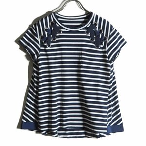 M6867f17　▼sacai サカイ▼　コットン ポケット付き ボーダー フレア カットソー ネイビー 2 / 紺 白 半袖 Tシャツ レディース 春夏