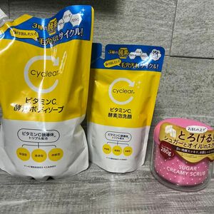 熊野油脂 サイクリア ビタミンC 酵素ボディソープ 詰替 700ml、泡洗顔250ml、シュガークリーミースクラブ