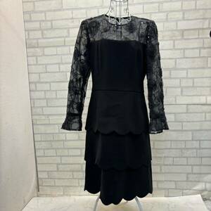 超美品 サクミ 日本製 長袖 ワンピース 黒 ブラック ドレス フォーマル スパンコール レディース