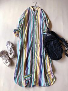  Beams Boy BEAMS BOY cotton 100% adult pretty multicolor stripe easy oversize band color shirt One-piece!