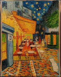 ●ヴィンセント・ヴァン・ゴッホ●油絵　手描き《夜のカフェテラス》サイン　画廊シール　F6号　額無　模写/検索(ゴーギャン/モネ)a110 　