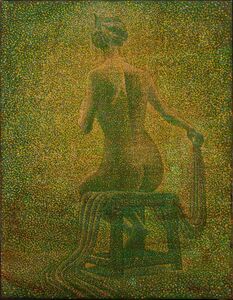 ●ジョルジュ・スーラ●油絵　手描き《座る裸婦》表サイン　板キャンバス　画廊取扱シール　F6号　額無　模写/検索(ドガ/ラファエリ)a282　
