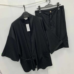 新品 夏物 メンズ Lサイズ ストレッチ 楊柳 甚平 上下セット じんべい セットアップ ジンベイ 作務衣 さむえ 紳士 ブラック 黒 osw38365