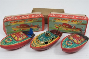 T.K PON PON BOAT ポンポン船 3ヶセット ブリキ 昭和レトロ 当時物 船 ポンポンボート ビンテージ 箱付き 雑貨