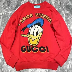 グッチ × ディズニー【現行 21ss 定価20万 幻コラボ】GUCCI × Disney スウェット XLサイズ ドナルドダック ロゴ 刺繍 トレーナー レッド