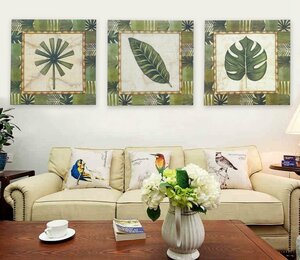 Art hand Auction Interior art panel, oil painting, wall decoration, modern, Balinese painting, Asian, miscellaneous goods, Hawaii, leaves, plants, leaf, 50 x 50 cm, set of 3, 01, Tapestry, Wall Mounted, Tapestry, Fabric Panel