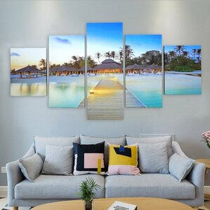 Art hand Auction Interior art panel, oil painting, wall decoration, modern, Balinese painting, Asian, miscellaneous goods, Hawaii, sunset, ocean, total length 150 x total height 80 cm, set of 5, 05, Tapestry, Wall Mounted, Tapestry, Fabric Panel