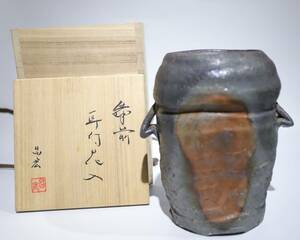 花生け 備前燒 花器 壺 焼物 置物 共箱 在銘 罐 古道具 極細工 古美術品 置物 茶道具 骨董