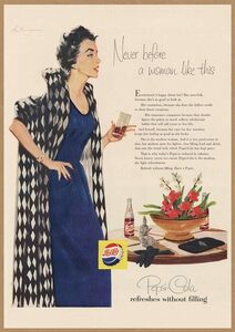 Pepsi Cola レトロミニポスター B5サイズ 複製広告 ◆ リフレッシュ ペプシコーラ 王冠ロゴ 紺色の服の女性 USAD5-481