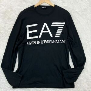 極美品 XL◎エンポリオアルマーニ ロンT 長袖Tシャツ EMPORIO ARMANI イーグルロゴ デカロゴ プリント メンズ EA7 ブラック 黒 