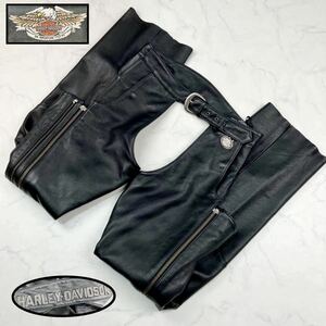 [ hard-to-find ultimate beautiful goods ]HARLEY-DAVIDSON leather chaps Harley Davidson W38~44 rank men's M leather pants Biker embroidery Logo plate black 