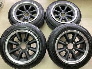 ワタナベ 8S◆F:6J 13in+23 R:6.5J 13in+15 4/114.3◆155/65R13 中古タイヤ付き!!希少 Watanabe◆サニトラ など