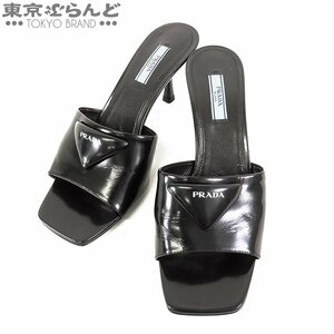 101717283 プラダ PRADA ロゴプレート スライドサンダル ブラック レザー オープントゥ ヒール 38 1/2 サンダル レディース