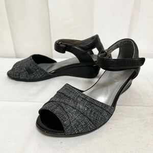  мир 318*① fitfit Fit Fit сандалии липучка ремешок Wedge каблук обувь 23 Denim кожа черный женский 