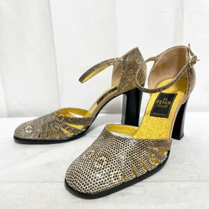 和320★① FENDI scarpe フェンディ パンプス ヒール ストラップ レザー シューズ イタリア製 36 ベージュ レディース パイソン型押し