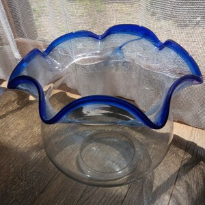 アンティーク 金魚鉢 大 青フリル ブルーフリル ガラス 昭和レトロ 透明 ヴィンテージ