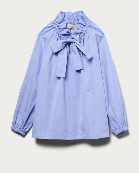 未使用 定価19,800円 <UNITED ARROWS>ギャザーフリル リボン ブラウス 36 ライトブルー