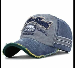 NEWメンズ帽子 ダメージ加工 キャップ刺繍野球帽子 1962 ブルー&グレー