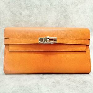 1円〜HERMES エルメス　ケリーウォレット　ヴォーエプソン　SV金具　□Ｐ刻印　二つ折り長財布　オレンジ　