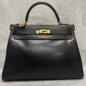 1円〜美品 HERMES エルメス ケリー32 ボックスカーフ GD金具 □D刻印 ブラックの画像1