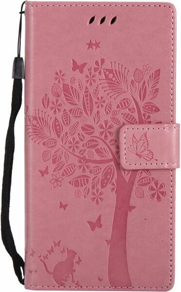 スマホケース　手帳型 ピンク ねこ 木 ちょうちょ　ストラップ付き　カード入れ　 手帳型 かわいい