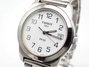 稼働品☆1円～☆TISSOT ティソ QZ メンズ時計 TITANIUM J376/476 白文字盤 デイト ラウンド シルバーカラー/17414 