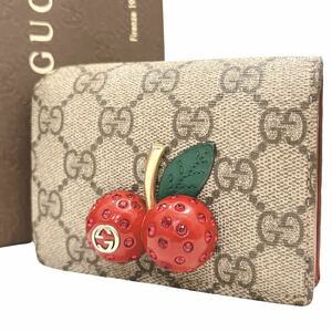 グッチ GUCCI 折り財布 GGスプリーム GG柄 インターロッキング チェリー さくらんぼ PVC レッド 赤 ゴールド金具 レディース メンズ