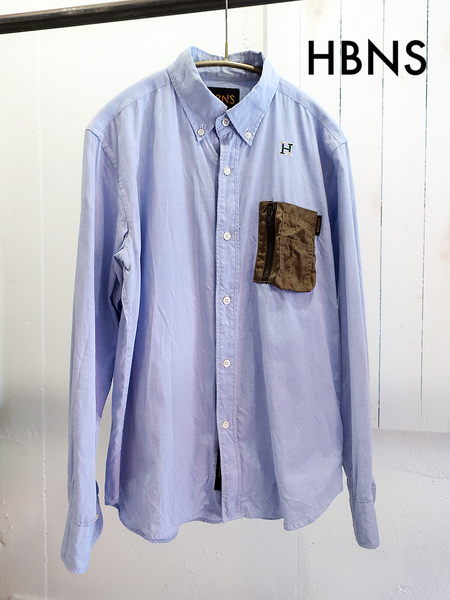 HBNS ハバノス 希少・美品 ミリタリーポケット ボタンダウンシャツ M / HABANOS POCKET B.D SHIRTS BLUE 長袖 コットン