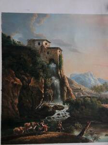 模写　８号　アダム・ペイナップル　滝のある山岳風景　　美術館の名画を油絵具で人が模写したもの