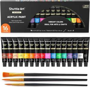 Shuttle Art acrylic paint acrylic fiber pigment 16 color set paint brush 3ps.@ attaching speed . endurance tube 12ml handmade 