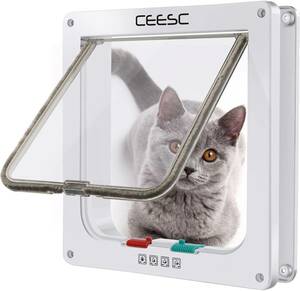 CEESC 4WAY ペットドア 小型 犬 猫 ペット出入り口 ドア 勝手口 扉 冷暖房対策 日本語取扱説明書付き(ホワイト, 大