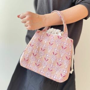 北欧花柄ピンクのミニトート巾着バッグ ハンドメイド