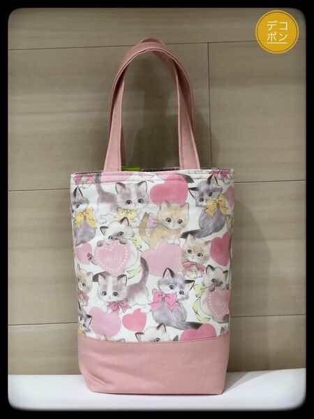 保冷保温バッグ 子猫&ハート(ホワイト)×くすみピンク ハンドメイド