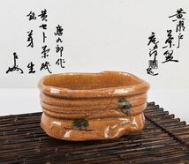 茶道具　加藤唐九郎　一無斎（一ム斎）作　黄瀬戸　茶碗　銘「芽生」　袱紗付　共布　表千家十三代即無盡宗左（即中斎）極め箱二重箱　IPOK_画像1