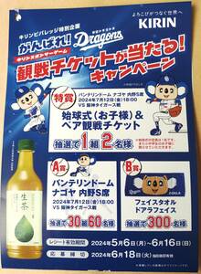 レシート懸賞応募 中日ドラゴンズ 観戦チケットが当たるキャンペーン 始球式＆ペア観戦チケットや内野S席当たる キリンビバレッジ ハガキ有