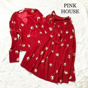 [ beautiful goods ]PINK HOUSE setup two piece long sleeve red floral print rose 