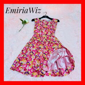 【EmiriaWiz】エミリアウィズ【美品】Sサイズ ワンピース 膝丈 花柄 ピンク ノースリーブ きれい かわいい ボタニカル