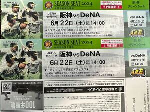 6月22日（土）阪神 vs DeNA 甲子園　グリーンシート1-5段どこか通路側より２席　トラフェスフードタオルプレゼントあり