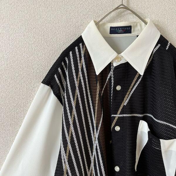 N2 編み込み柄シャツ　長袖　個性的ポリシャツ　Ｌメンズ モノトーン