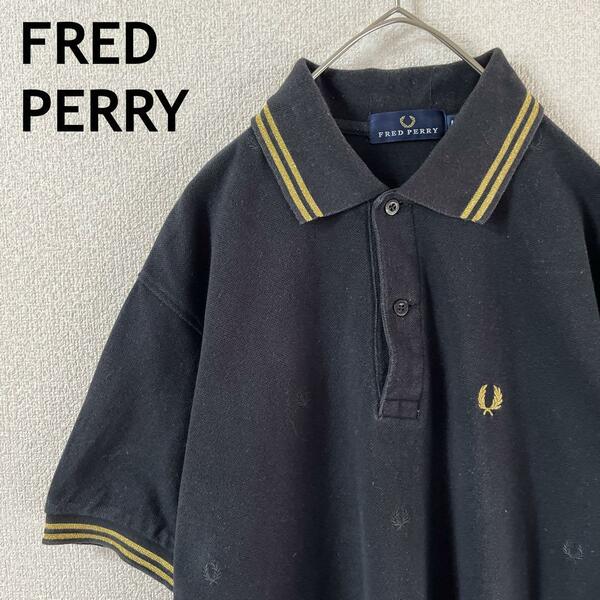 Y1 FRED PERRY ポロシャツ　刺繍パターン柄　半袖　Ｌメンズ 黒系