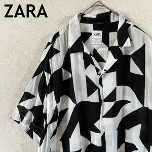 W3 ZARA 幾何学模様柄シャツ　半袖　レーヨン素材　モノトーン　Ｌメンズ