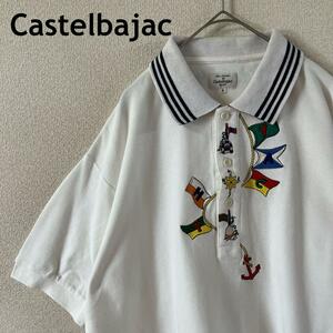 W3 カステルバジャック　刺繍ロゴポロシャツ　半袖　鹿子　白　サイズ4 Ｌメンズ