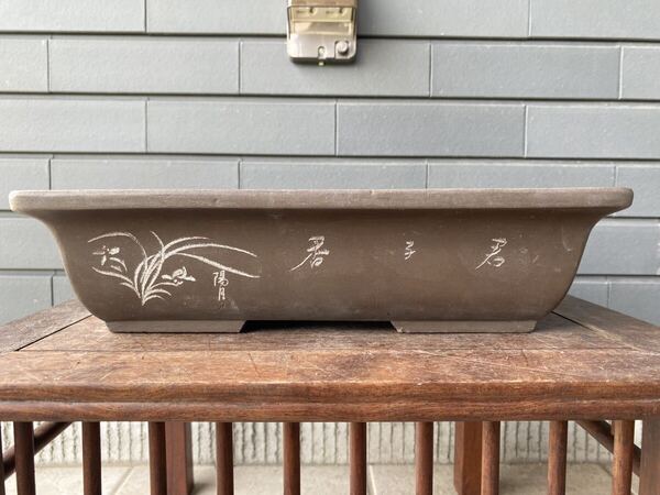 盆栽鉢 鳥泥 長方 彫入 松盆栽 松柏 多肉植物 山野草 草花 花 雑木 盆栽 園芸 ガーデニング 鉢 植木鉢